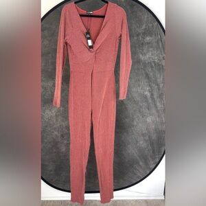 Fashion Nova Rose Red Ribbed Twist-Front Long Sleeve Jumpsuit | XL